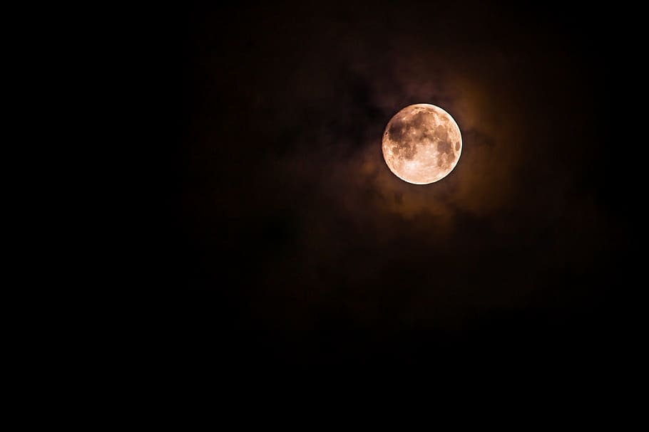 completo, lua, noturno, escuro, noite, assustador, nuvens, astronomia, espaço de cópia, superfície da lua