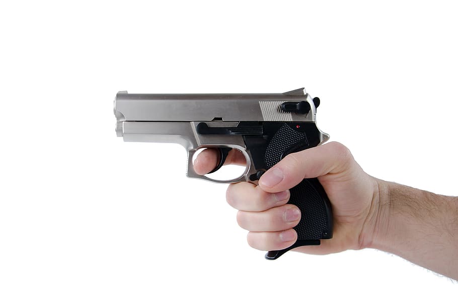 person, holding, gray, black, semi-automatic, pistol, hand, security, gun, crime