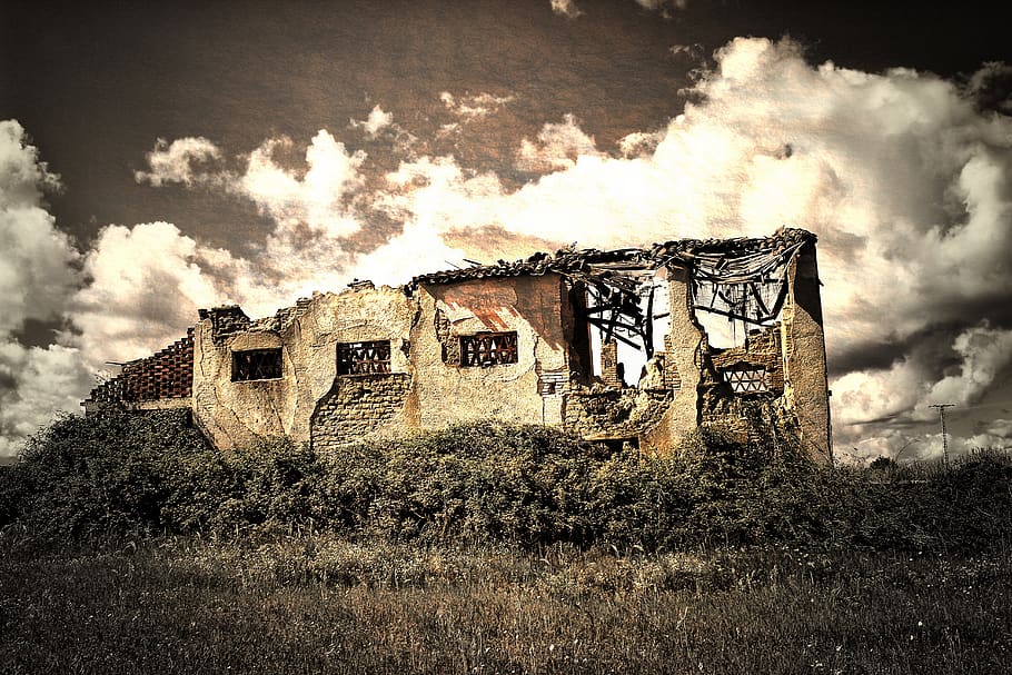 abandoned, outdoors, nature, horizontal, landscape, house, panoramic, decomposition, wood, cloud