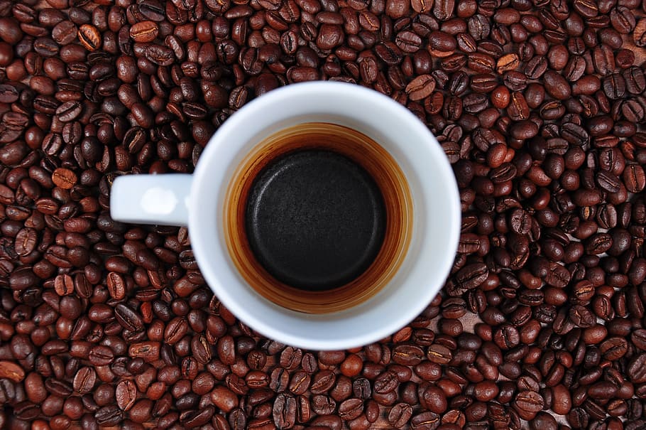 blanco, cerámico, taza, negro, café, taza vacía, granos de café, tazas de café, muestra de café, frijol