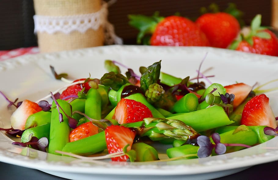 fruit salad, white, ceramic, plate, asparagus, green, green asparagus, asparagus time, pesto, vegetables