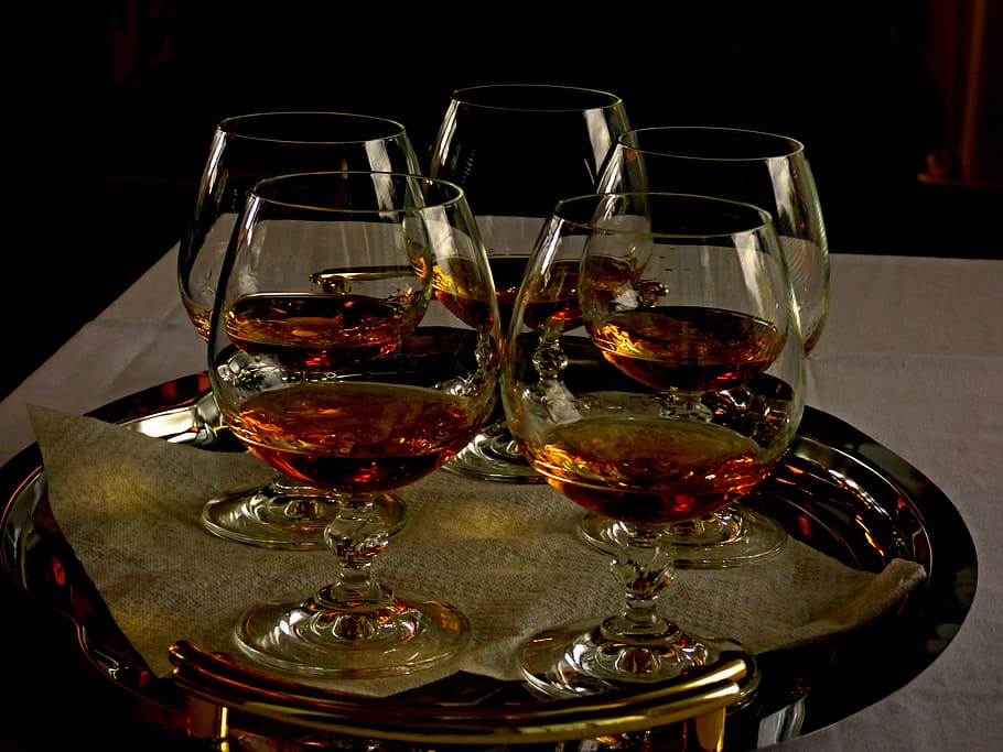 cup, cognac, tray, tablecloth, celebration, glass, food and drink, refreshment, alcohol, drink