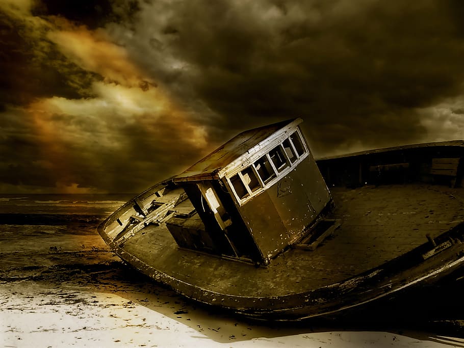 sepia, photography, boat, wreck, boot, stranded, coast, sea, mysticism, night