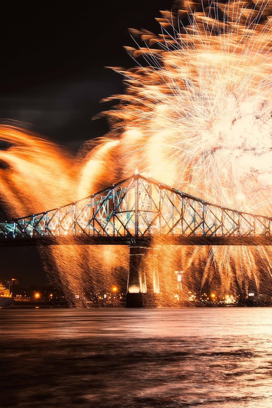 montreal, canada, fireworks, lights, night, evening, lake, bridge, water, colorful