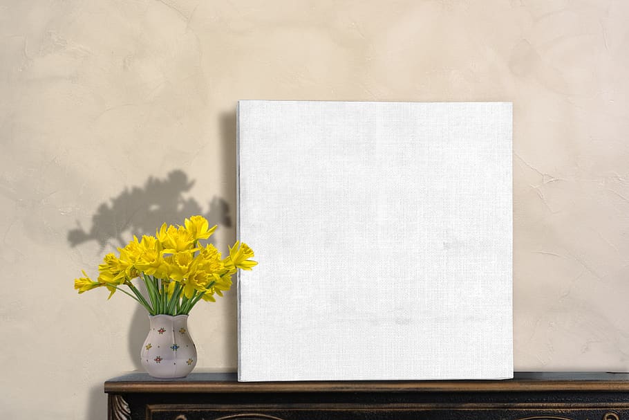 canvas, wrapped, wall, mockup, square, photoshop, blank, rough, design, flower