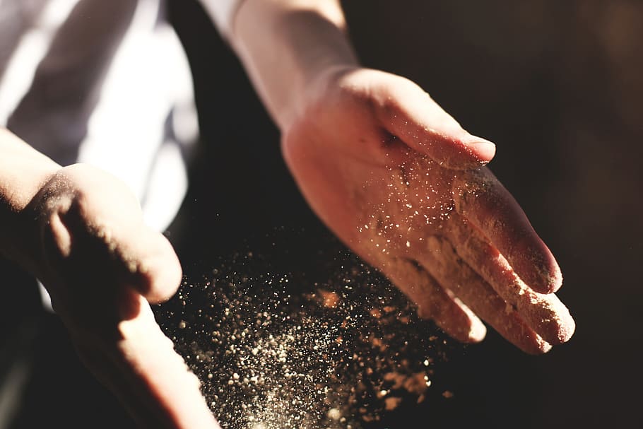 selective, focus photo, dust, hands, clapping, flour, bakery, craftsman, particles, light