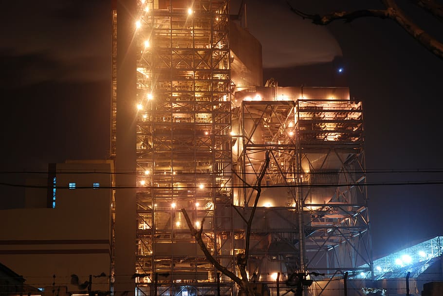 factory, light, brightly lit, industrial, night, industry, fuel and Power Generation, pollution, gasoline, technology
