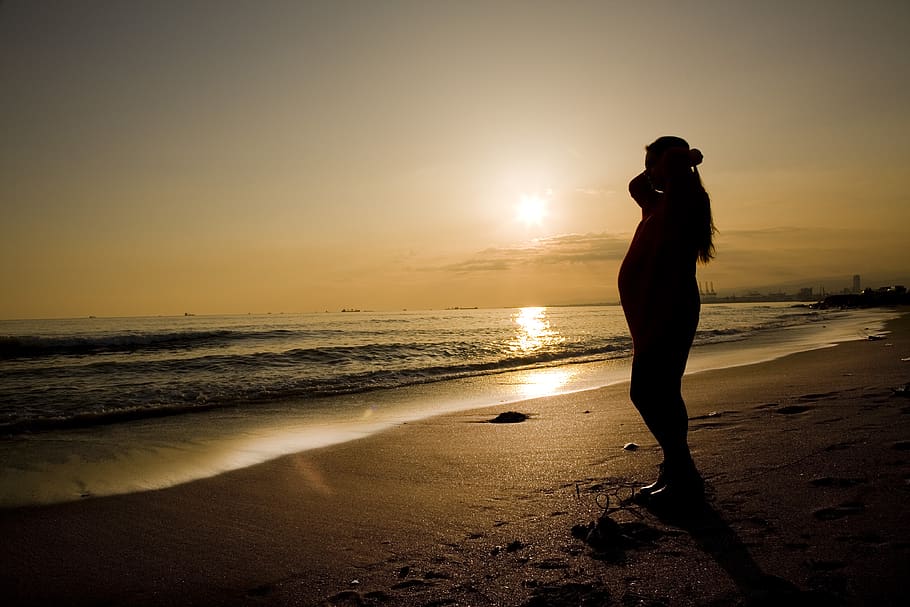 мама, беременная, беременность, женщина, ребенок, семья, рождение, силуэт, закат, пляж