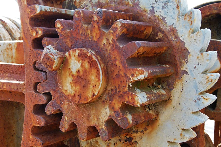 mechanism, gear, machine, sprockets, synergy, rusty, old, metal, close-up, machinery