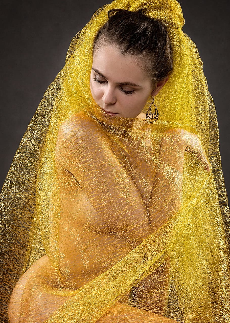 woman, wearing, yellow, lace textile, gold, feelings, emotions, cover, lee, covered