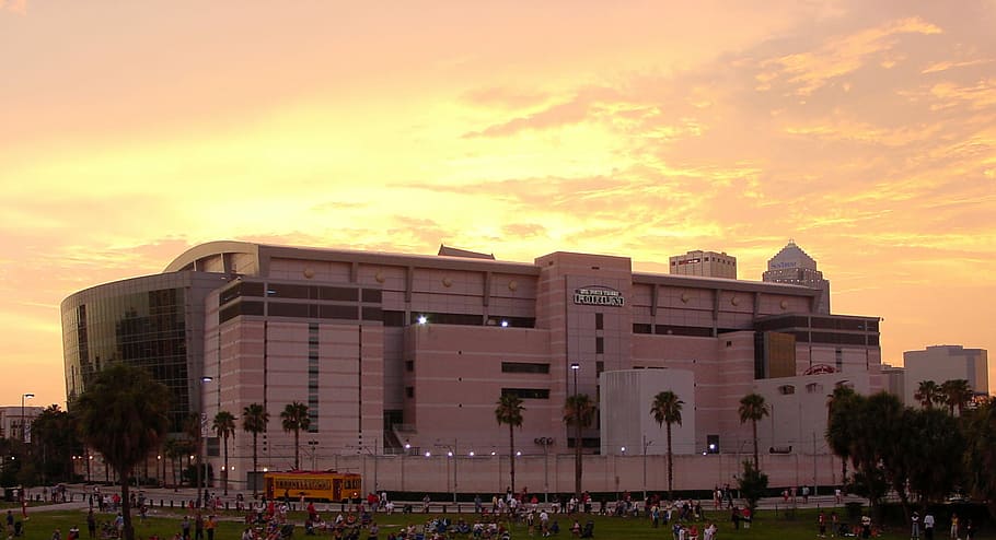 tampa, florida sunset, Amalie Arena, Tampa, Florida, Sunset, building, florida, public domain, red skies, cityscape