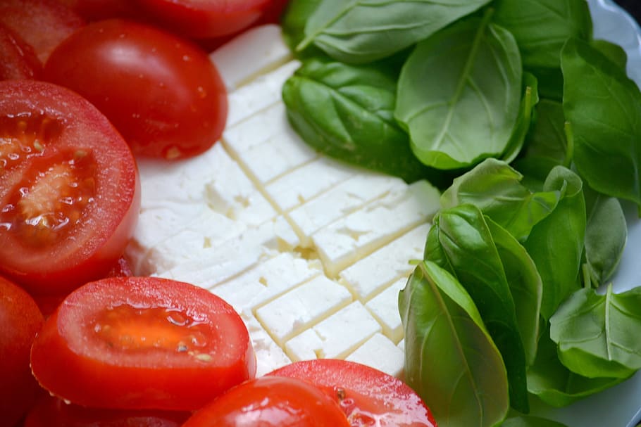 sliced, tomato, leafy, vegetable lot, basil, healthy, frisch, feta cheese, italian, kitchen