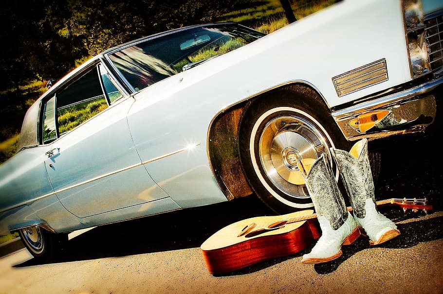 pair, white-and-gray cowboy boots, guitar, vintage, white, coupe, classic car, boots, baby blue, blue