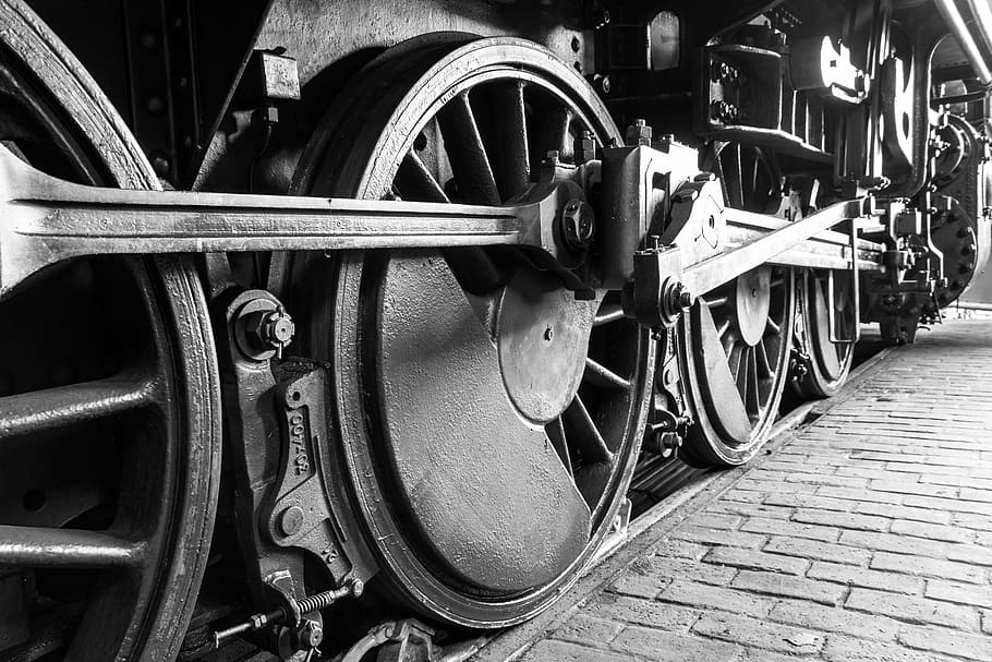 cerradura, ferrocarril, rueda, locomotora de vapor, locomotora, blanco negro, locomotora histórica, cobertizo de locomotora, ruedas, transporte