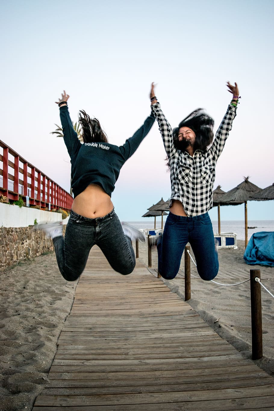 two, woman, jumping, dock, Jump, Action, Fun, Beach, Sport, Child
