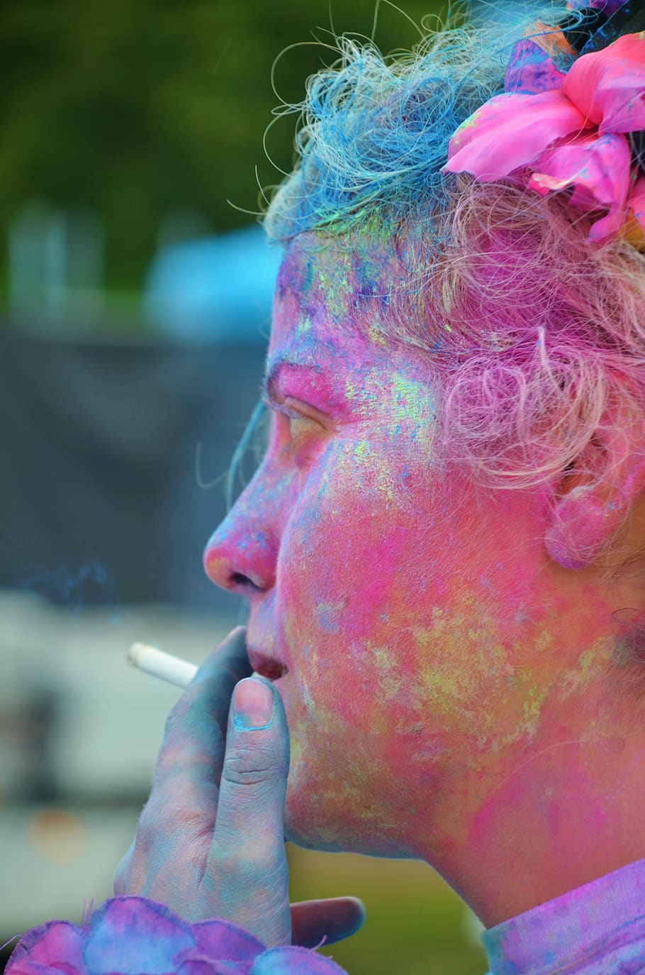 girl, colorful, smoking, relaxed, funny, celebration, smoke, happy, party, festival