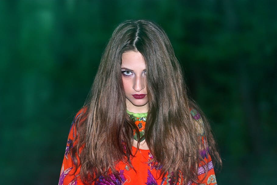 woman, standing, green, backround, girl, ghost, forest, in the evening, orange, blue eyes