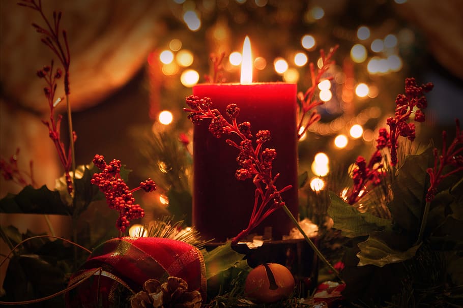 red, pillar candle, surrounded, artificial, plant decor, christmas, candle, green, flame, berries