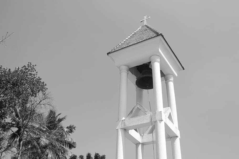 paliakkara church, st george orthodox church, church bell, thiruvalla, kerala, monochrome, low angle view, tree, sky, tower