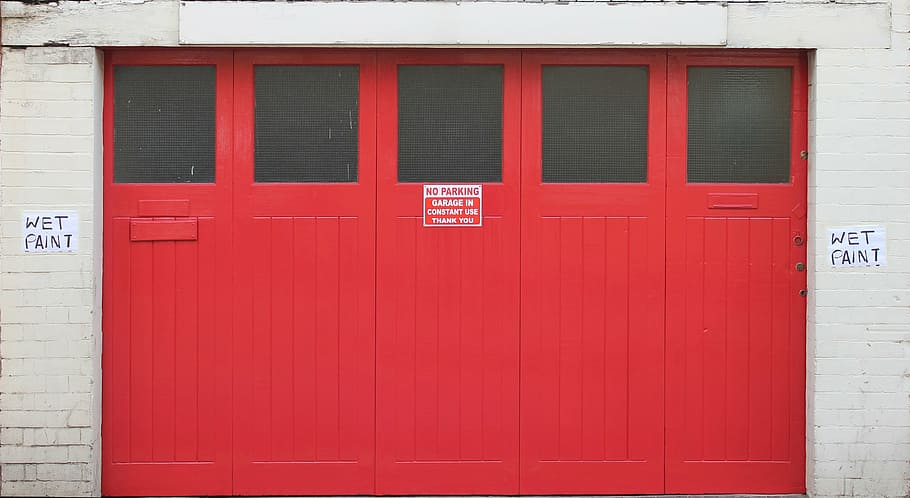 five, red, wooden, doors, double doors, entrance, exit, building, garage, architecture