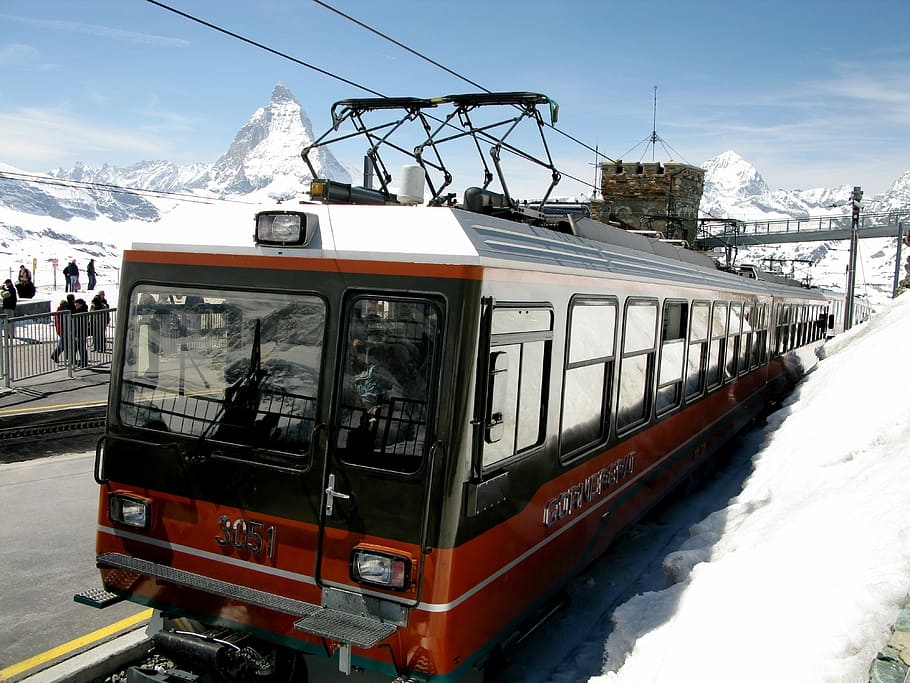 zermatt, switzerland, Gornergrat railway station, Zermatt, Switzerland, photos, public domain, railway, train, transportation, snow