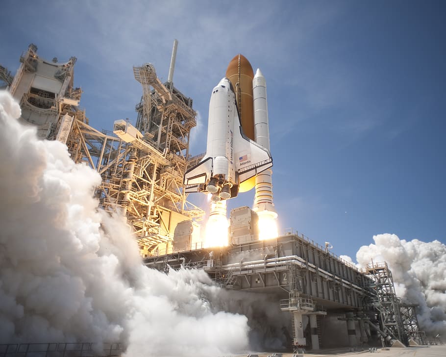 white, brown, space shuttle, launch, blue, sky, daytime, rocket launch, rocket, take off
