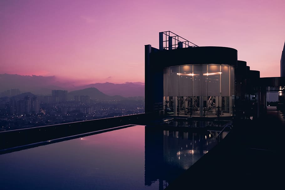 swimming, pool, sunset, hotel, Rooftop, swimming pool, Malaysia, architecture, building, holiday