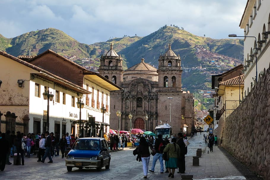Cusco, Peru, jalan-jalan, orang, pejalan kaki, trotoar, batu bulat, bangunan, Kota, pegunungan