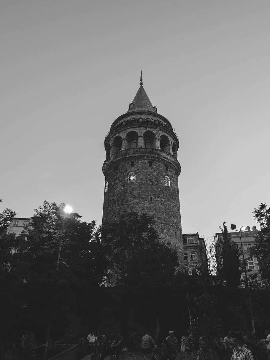grayscale photography, lighthouse, gray, concrete, structure, Galata Tower, Istanbul, Turkey, architecture, people