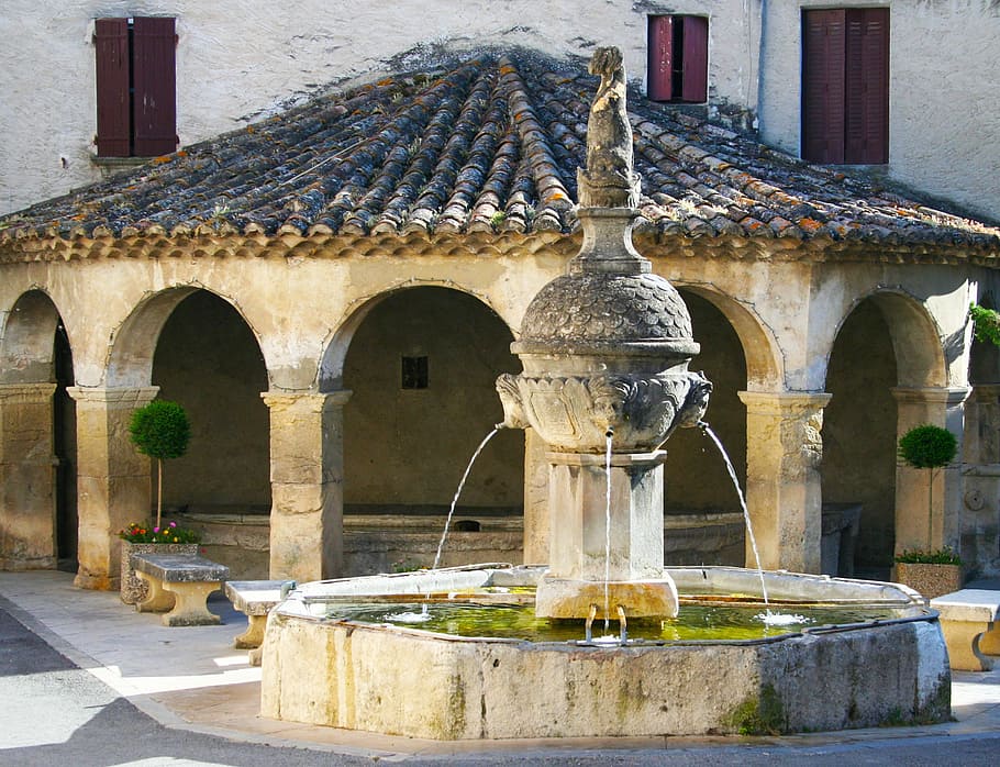 well, water, fountain, sculpture, canopies, drink, trough, france, old, antique