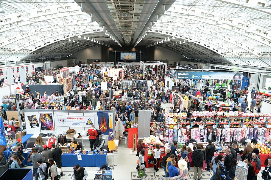 people, product stalls, comic con, convention, centre, masses, conference, large group of people, group of people, crowd