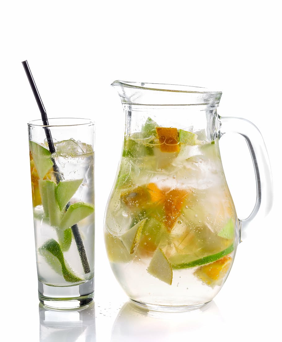 clear, glass pitcher, glass cup, filled, sliced, fruits, lemonade, drink, summer, vitamin c
