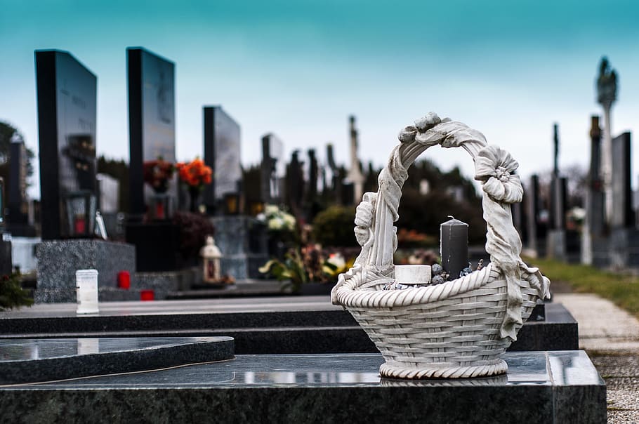 white, basket, black, burial vault, cemetery, grave, tomb, christianity, mourning, tombstone