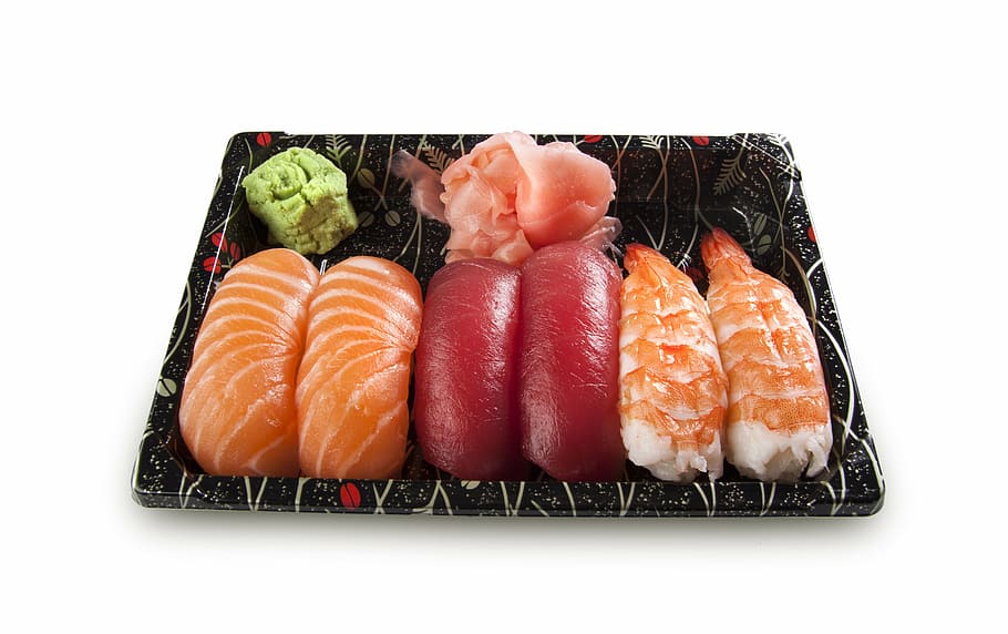 sushi e wasabi, conjunto, peixe, cru, salmão, arroz, atum, comida, frescura, refeição