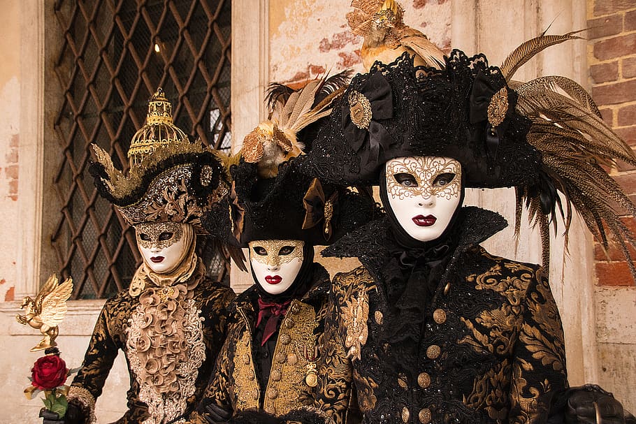 veneza, mascarar, carnaval, itália, misterioso, máscara, pena, humano, painel, arte