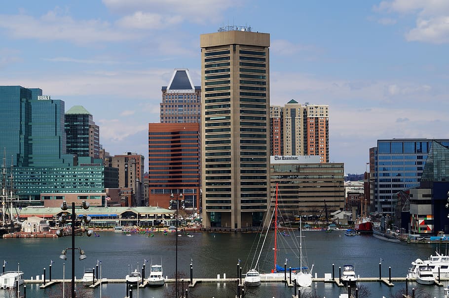 baltimore skyline, dock, Baltimore, Skyline, Maryland, bangunan, kota, foto, domain publik, Amerika Serikat