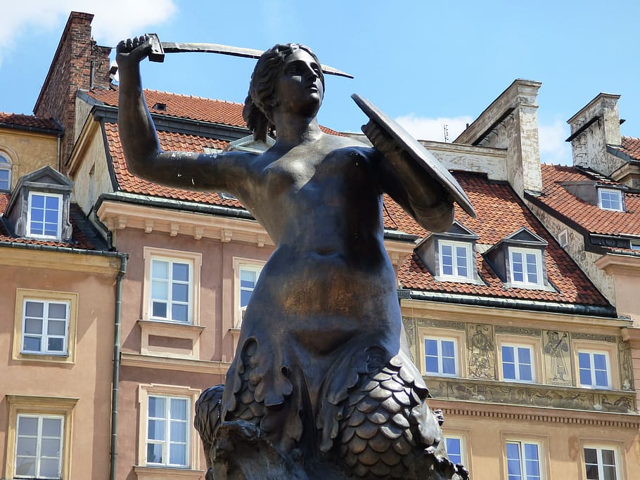 fuente, escudo, espada, sirena, Varsovia, la estatua, estatua, escultura, lucha, monumento