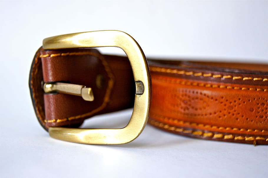 brown leather belt, belts, leather, buckle, metal, brass, seam, sew, clothes, clothing