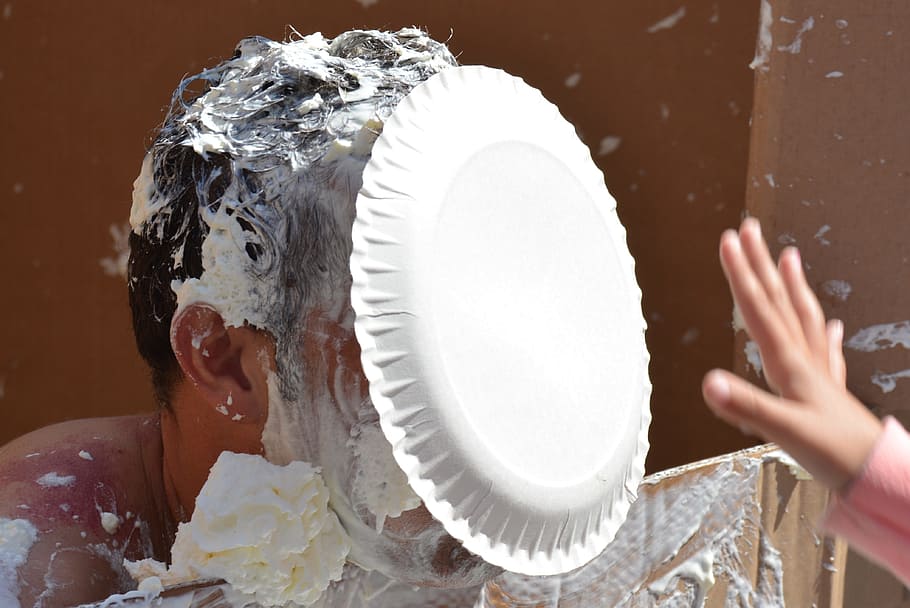 whipped cream, cake, face, people, throw, human body part, hygiene, human hand, adult, indoors
