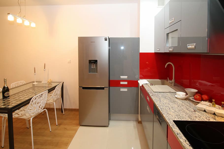 gray, refrigerator, cabinet, kitchen, kitchenette, apartment, room, house, residential interior, interior design