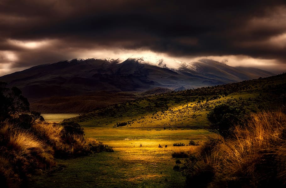 mountain, covered, grass, clouds, sunset, dusk, landscape, mountains, snow, sky