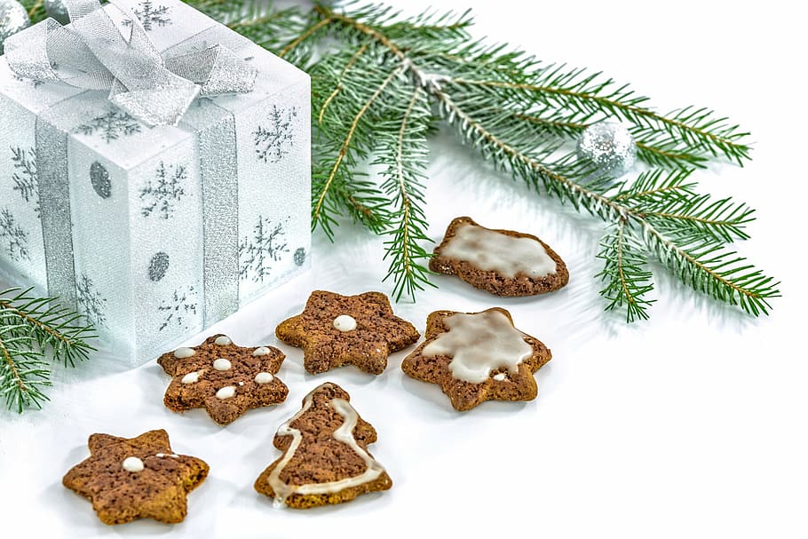 biscoitos, caixa de presente, caixa, natal, árvores, presente, biscoito, comida, doces, pastelaria