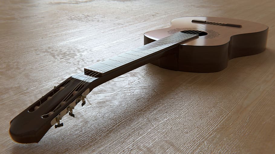 guitar, musical instrument, string, acoustic guitar, guitar neck, classical guitar, wood - material, indoors, table, single object