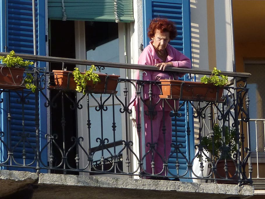 balcony, watch, woman, old woman, look, observation, view, personal, viewing, observer