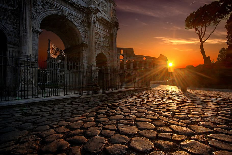 black steel gate, arch of constantine, colosseum, rome, italy, travel, architecture, sunrise, mood, twilight