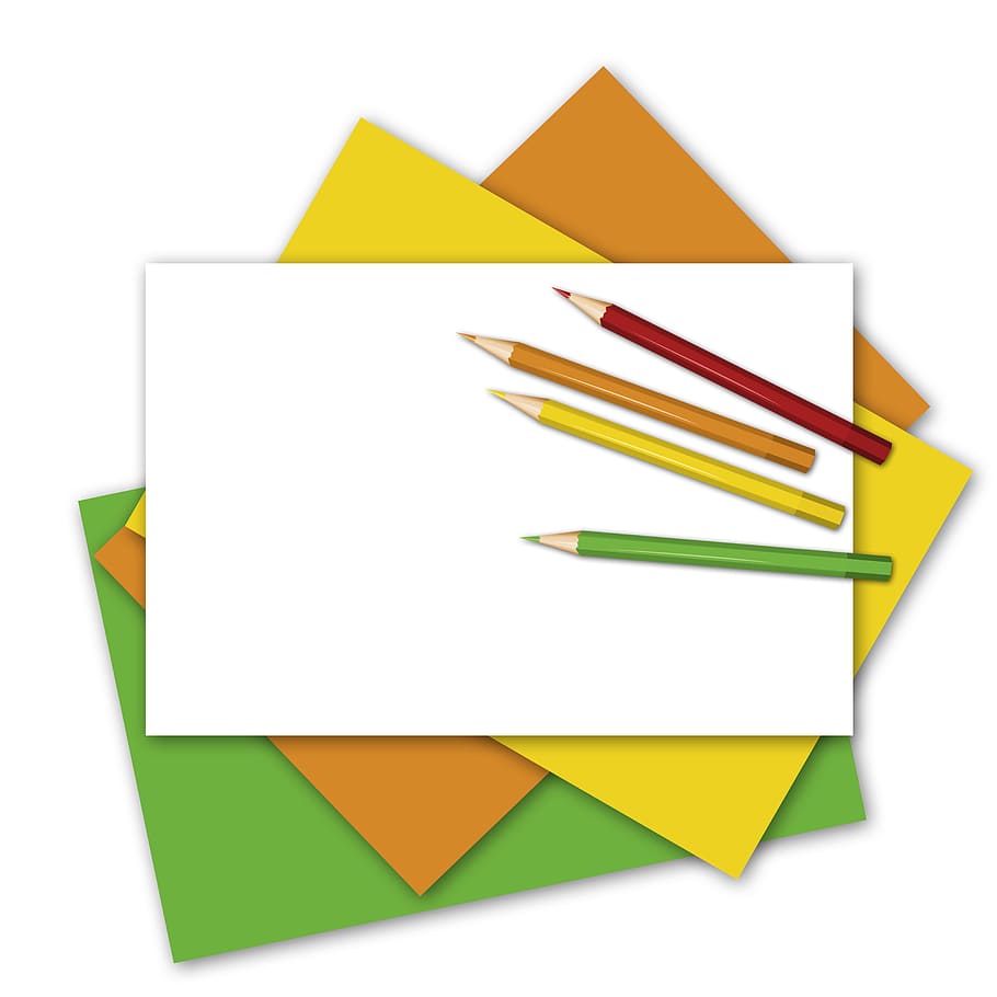 assorted-color printer papers, coloring pens, paper, fanned out, pens, colored pencils, green, yellow, orange, red