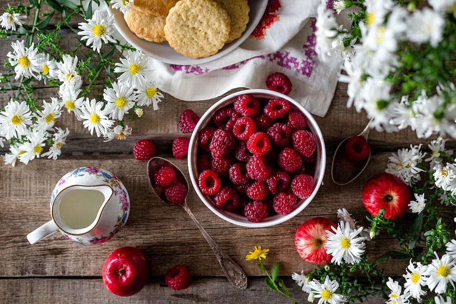 raspberry, putih, keramik, mangkuk, beri, matang, beri raspberry, musim panas, taman, closeup