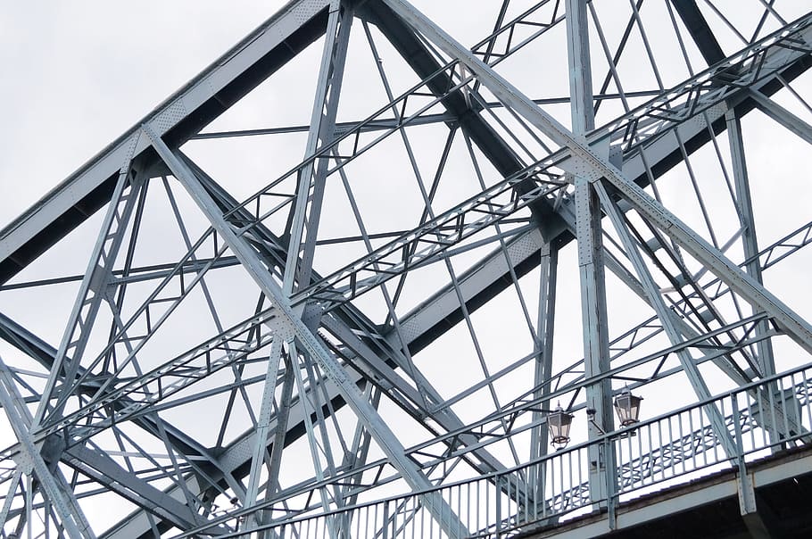 bridge, steel, steel scaffolding, built structure, architecture, low angle view, metal, sky, day, pattern