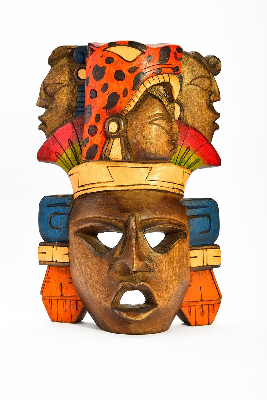 Multicolor, tribal, de madera, decoración de máscara, máscara, aislado, tallado, pintado, indio, azteca