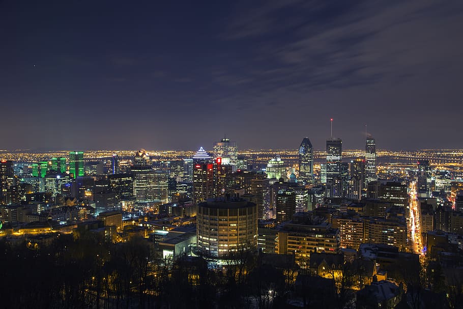 city skyline, night, montreal, city, urban, lights, mont royal, long exposure, downtown, building